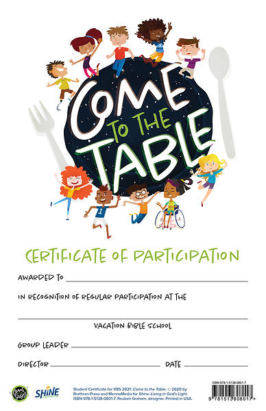 Picture of Vacation Bible School VBS 2021 Come to The Table PK20 Participation Certificates