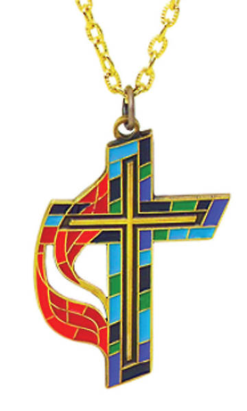 Picture of United Methodist Stained Glass Solid Bronze Enamel Inlaid Cross Pendant with 24" Chain