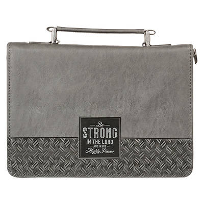 Be Strong in the Lord Gray and Black Faux Leather Classic Bible Cover Extra Large