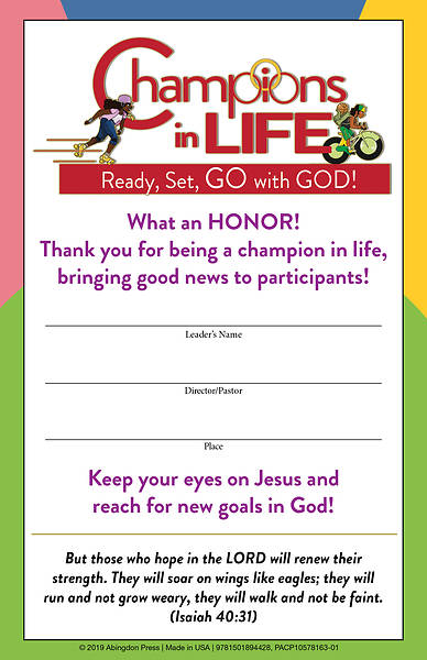 Picture of Vacation Bible School (VBS) 2020 Champions in Life Leader Certificates (Pkg of 12)