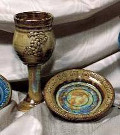 Small Earthenware Chalice and Paten Set, Brown
