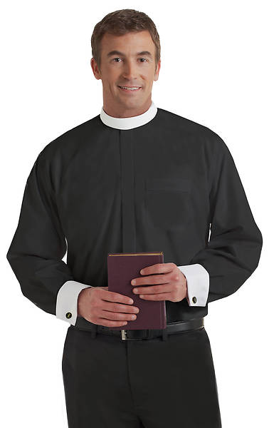 Picture of Neckband Long Sleeve Mens Clergy Shirt Black White French Cuff