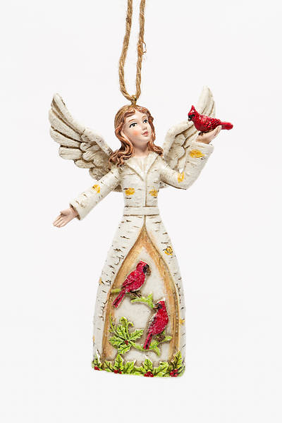 Picture of Birch Brunette Angel with Cardinal  Dress Ornament