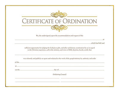Picture of Certificate of Ordination for Minister