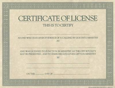 Picture of Certificate License for Minister