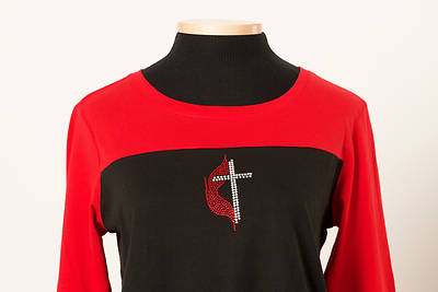 Picture of Two-Tone Junior Rally Tee with Rhinestone Cross and Flame Red/Black - Small