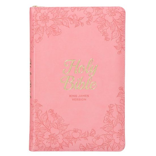 Picture of KJV Holy Bible, Standard Size Faux Leather Red Letter Edition - Thumb Index & Ribbon Marker, King James Version, Pink Floral Zipper Closure