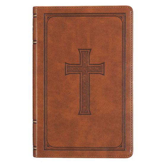 Picture of KJV Holy Bible, Standard Size Faux Leather Red Letter Edition Thumb Index, Ribbon Marker, King James Version, Honey Brown Cross Emblem