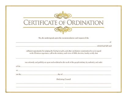 Picture of Certificate of Ordination for Minister