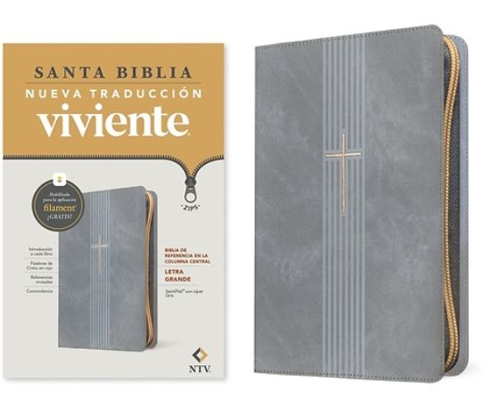 Picture of Biblia de Referencia En La Columna Central Ntv, Letra Grande de Zíper Con Filament (Sentipiel, Gris, Letra Roja)